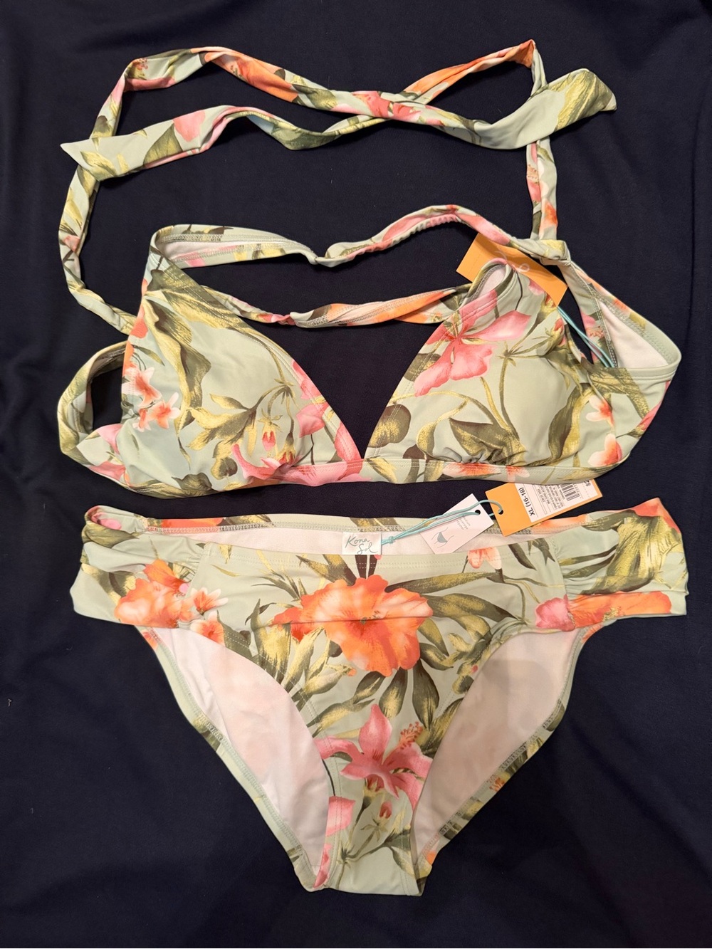 Kona Sol Sage Green Floral Bikini with Coral Accents